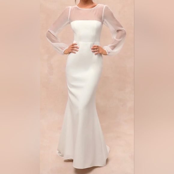 Lulus Immaculate Romance White Sheer Organza Long Sleeve Maxi Wedding Gown Large - Picture 5 of 12